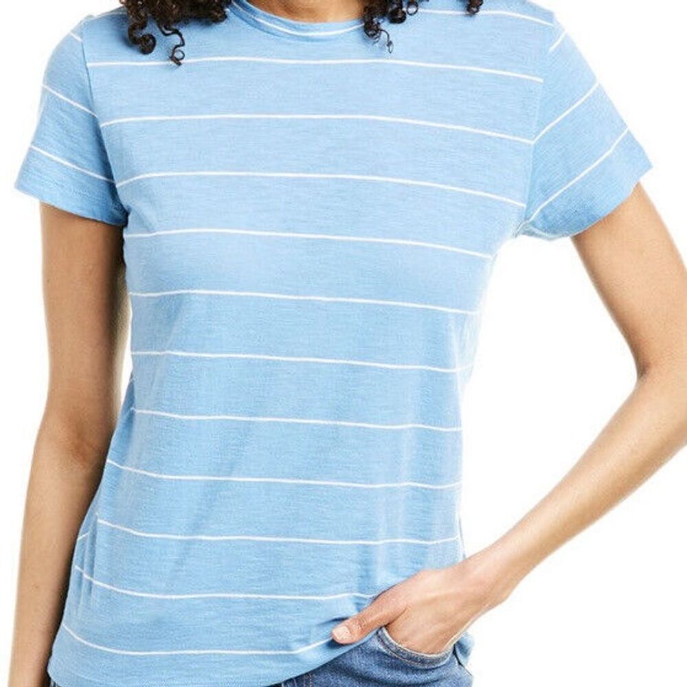 Vince Women's Skinny Stripe Crewneck Tee Size S Aqua/White Pima Cotton T-Shirt